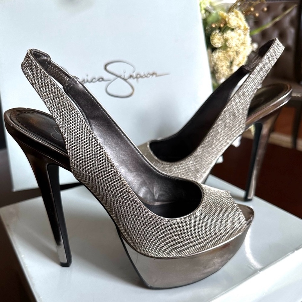 New Jessica Simpson Halie Platinum Glitter Mesh Slingback Platform Heels Sz 9.5
